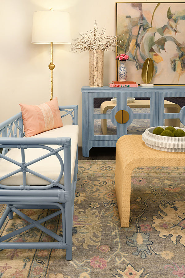 Ferguson Bench in Rattan in Light Blue
