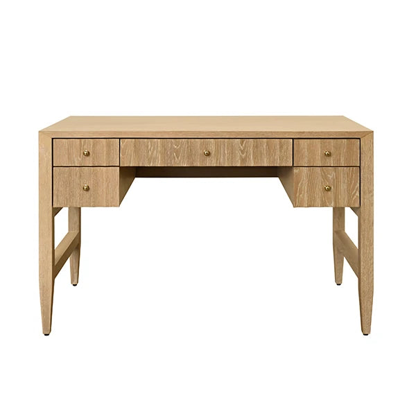 FRANKLIN Five Drawer Fluted Desk With Polished Brass Hardware In Cerused Oak