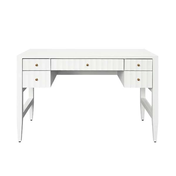 FRANKLIN Five Drawer Fluted Desk With Polished Brass Hardware In Matte White Lacquer