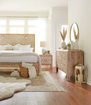 Haveli Geometric Carved Nightstand in Natural White