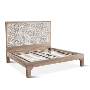 Haveli Geometric Carved Queen Bed in Natural White