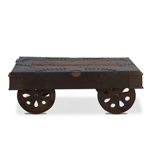 Sterling 48" Wheeled Coffee Table in Neem Wood and Reclaimed Iron