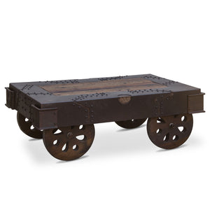 Sterling 48" Wheeled Coffee Table in Neem Wood and Reclaimed Iron