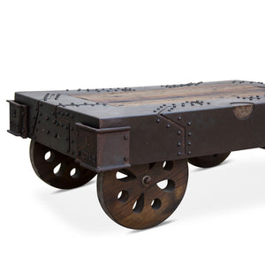 Sterling 48" Wheeled Coffee Table in Neem Wood and Reclaimed Iron