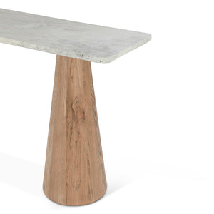 Caldera Console Table with White Travertine and Light Oak Base