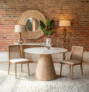 Caldera 48" Round Dining Table in White Travertine and Light Oak