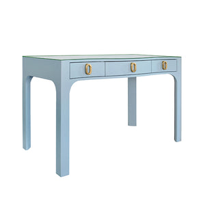 Gladys Desk in Light Blue Textured Linen and Glass Top