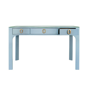 Gladys Desk in Light Blue Textured Linen and Glass Top