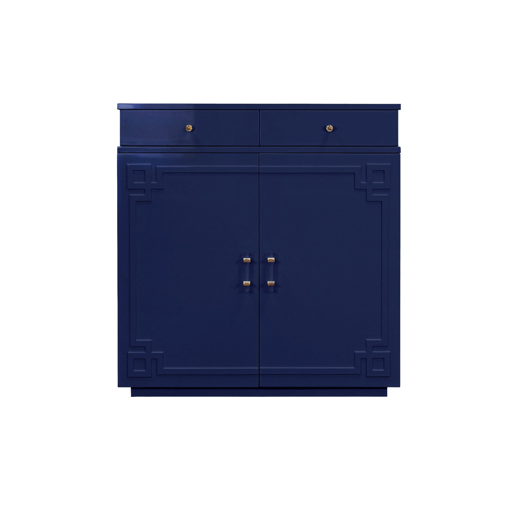 Glenn Two Drawer, Two Door Cabinet With Acrylic And Brass Hardware In Navy Lacquer