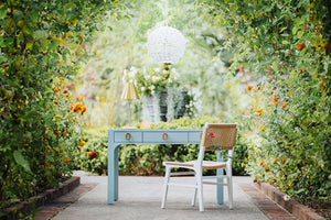 Gladys Desk in Light Blue Textured Linen and Glass Top