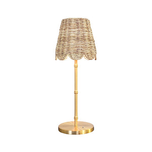 Hallie Table Lamp with Bamboo Detail Pole in Brass with Scalloped Rattan Shade