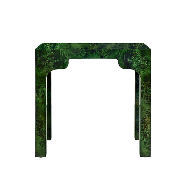 HANNAH Parsons Style Occasional Table With Decorative Apron In Emerald Burl Wood