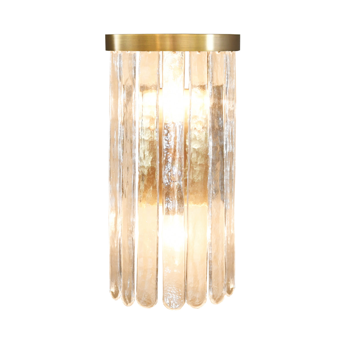 Two Light Hanging Textured Glass Sconce in Brushed Brass