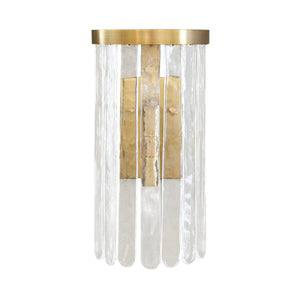 Two Light Hanging Textured Glass Sconce in Brushed Brass