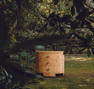 Henry Demilune Chest with Three Drawers in Burl Wood