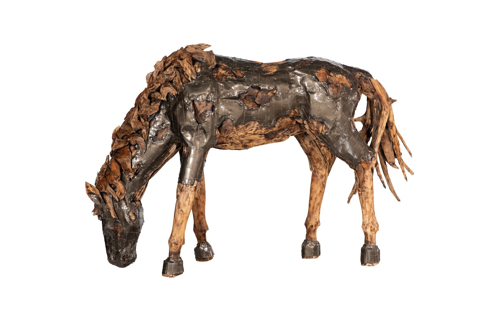 Mustang Horse Armored  Sculpture, Grazing, Natural Bronze Finish