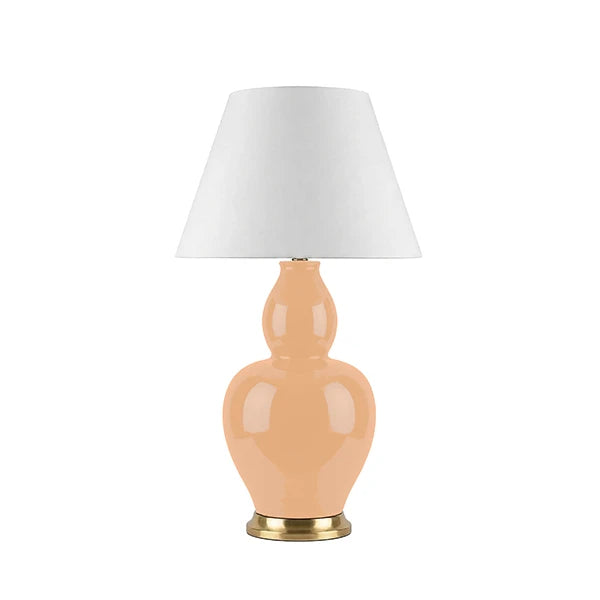 IRIS Gourd Ceramic Table Lamp With Satin Brass Base And White Linen Drum Shade In PeachGlaze