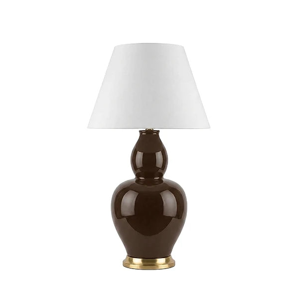 IRIS Gourd Ceramic Table Lamp With Satin Brass Base And White Linen Drum Shade In Chocolate Glaze