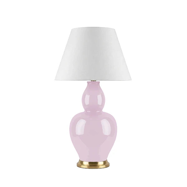 IRIS Gourd Ceramic Table Lamp With Satin Brass Base And White Linen Drum Shade In Lilac Glaze