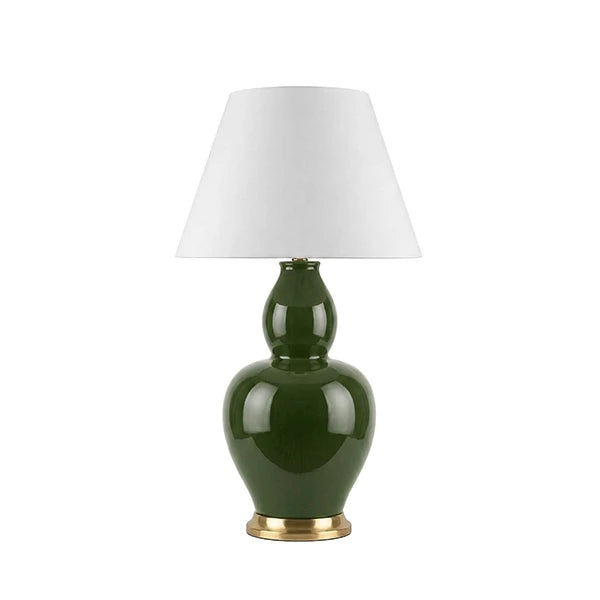 IRIS Gourd Ceramic Table Lamp With Satin Brass Base And White Linen Drum Shade In Olive Green Glaze