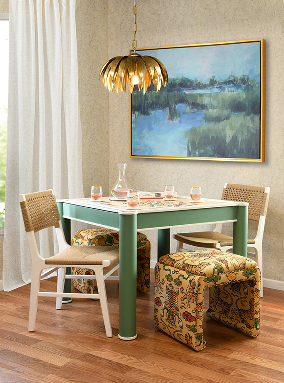 Jackie Square Two Drawer Round Leg Game Table In Matte Green Lacquer With Matte White Lacquer Edging