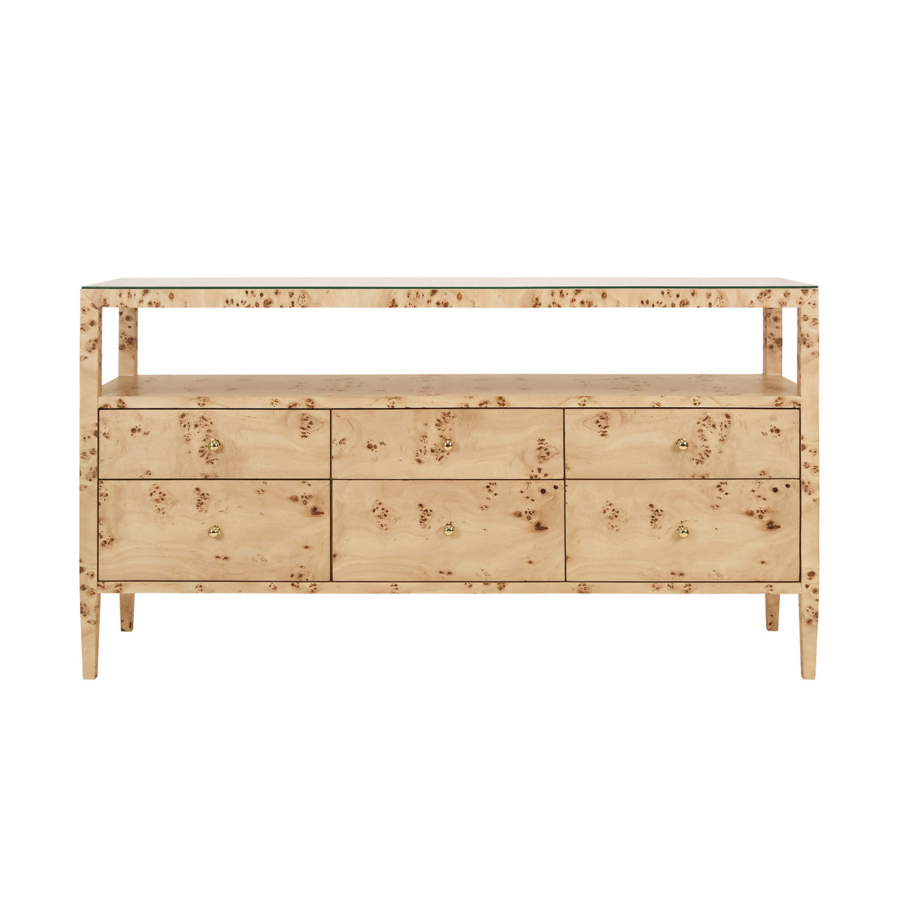 Jordan Six Drawer Console With Open Shelf In Burl Wood With Polished Brass Knobs