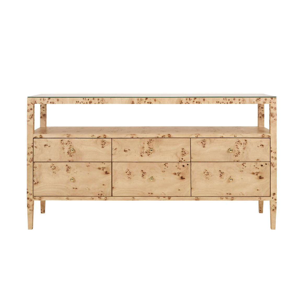 Jordan Six Drawer Console With Open Shelf In Burl Wood With Polished Brass Knobs