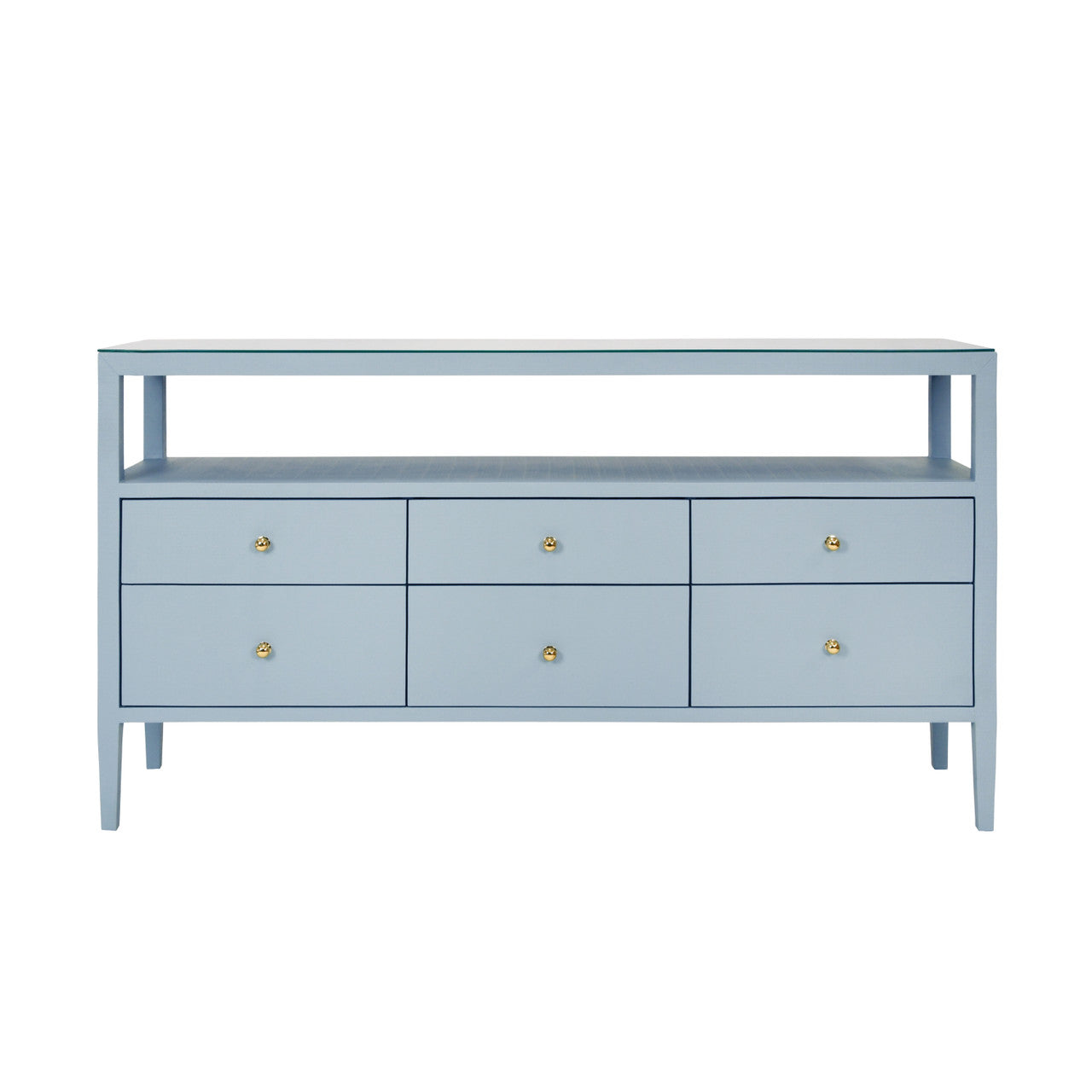 Jordan Six Drawer Console With Open Shelf In Textured Light Blue Linen With Polished Brass Knobs