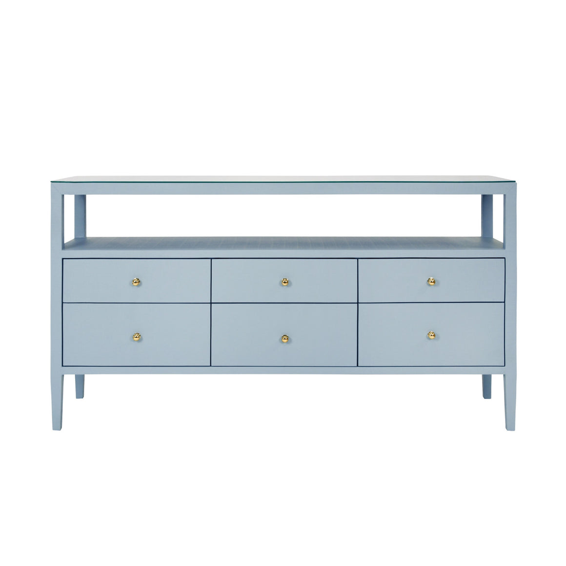 Jordan Six Drawer Console With Open Shelf In Textured Light Blue Linen With Polished Brass Knobs