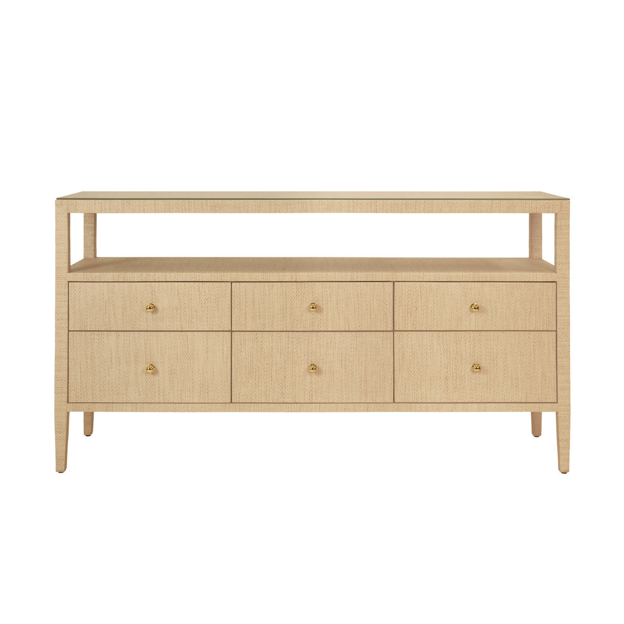 Jordan Six Drawer Console With Open Shelf In Natural Grasscloth With Polished Brass Knobs