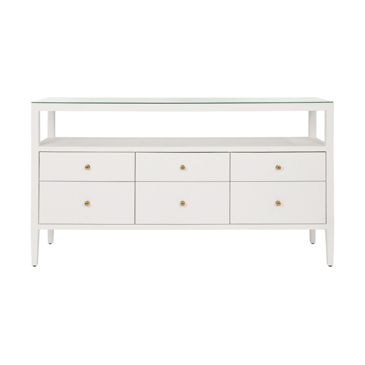Jordan Six Drawer Console With Open Shelf In Textured White Linen With Polished Brass Knobs