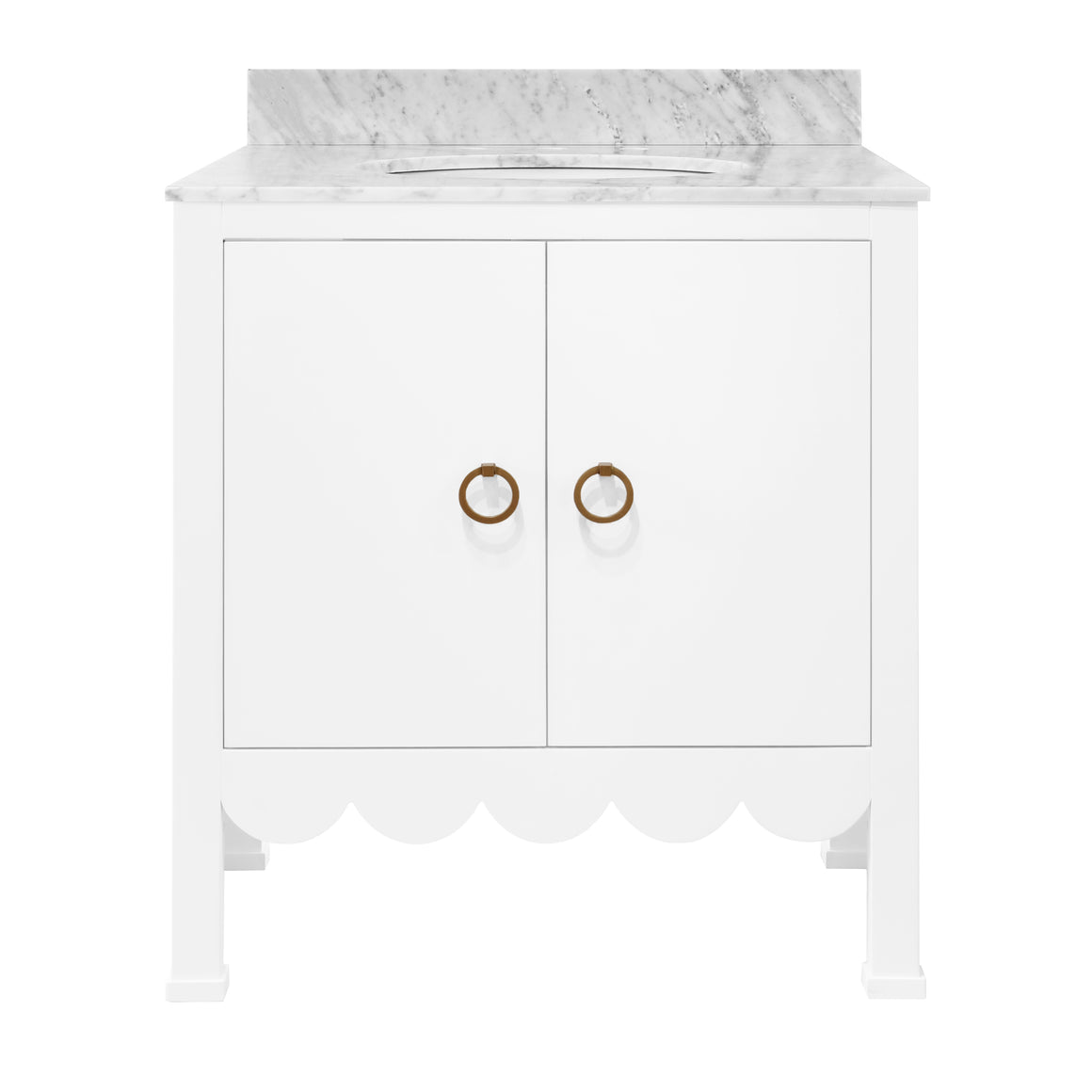 Scallop Detail in Matte White Lacquer with White Marble Top and Porcelain Sink