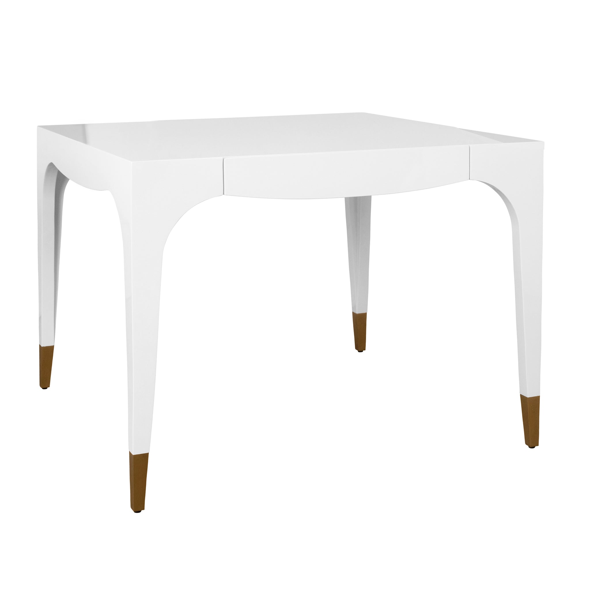 Lacey Square Tapered Leg Two Drawer Game Table With Antique Brass Foot Caps In White Lacquer
