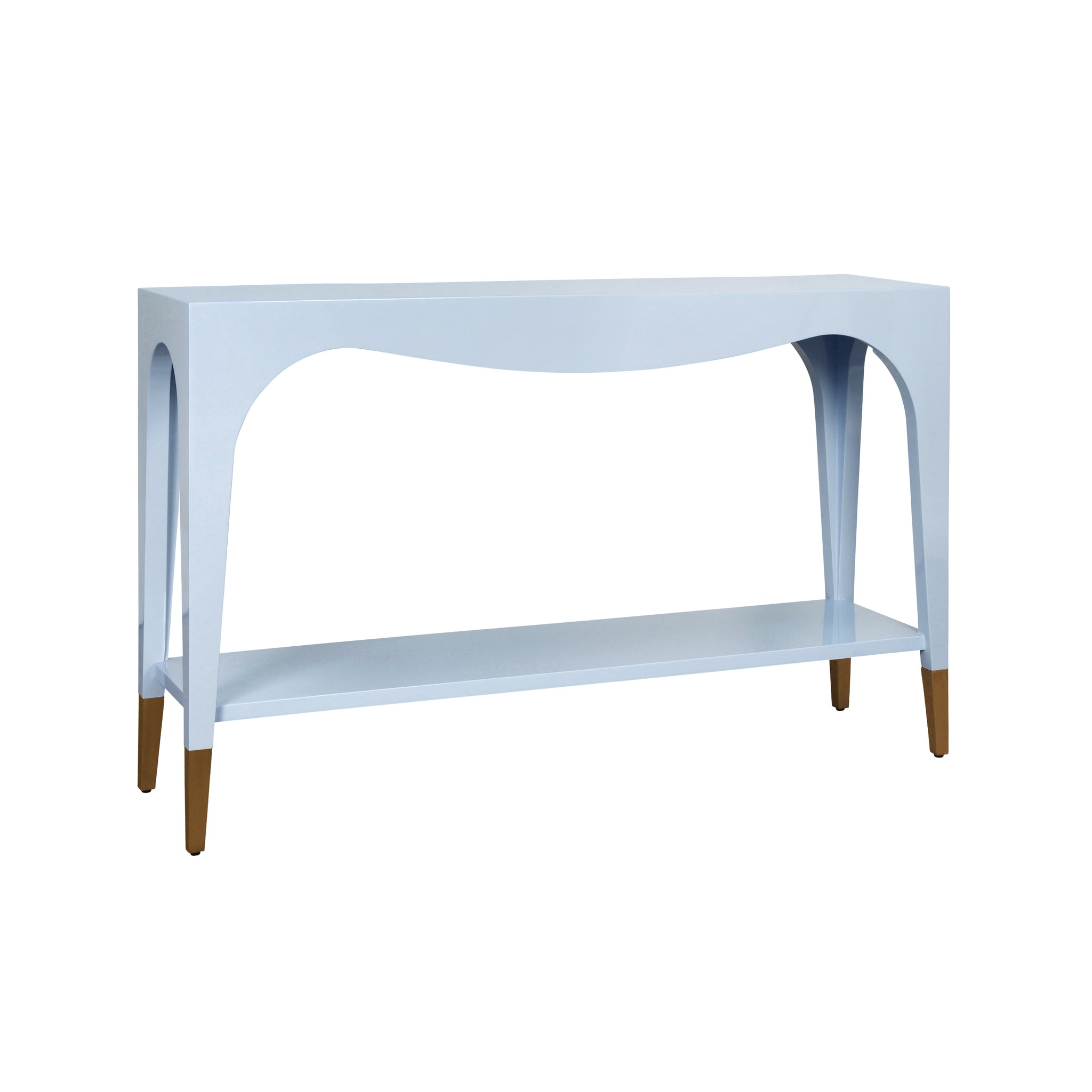 Laverne Two Tier Tapered Leg Console With Antique Brass Foot Caps In White Lacquer
