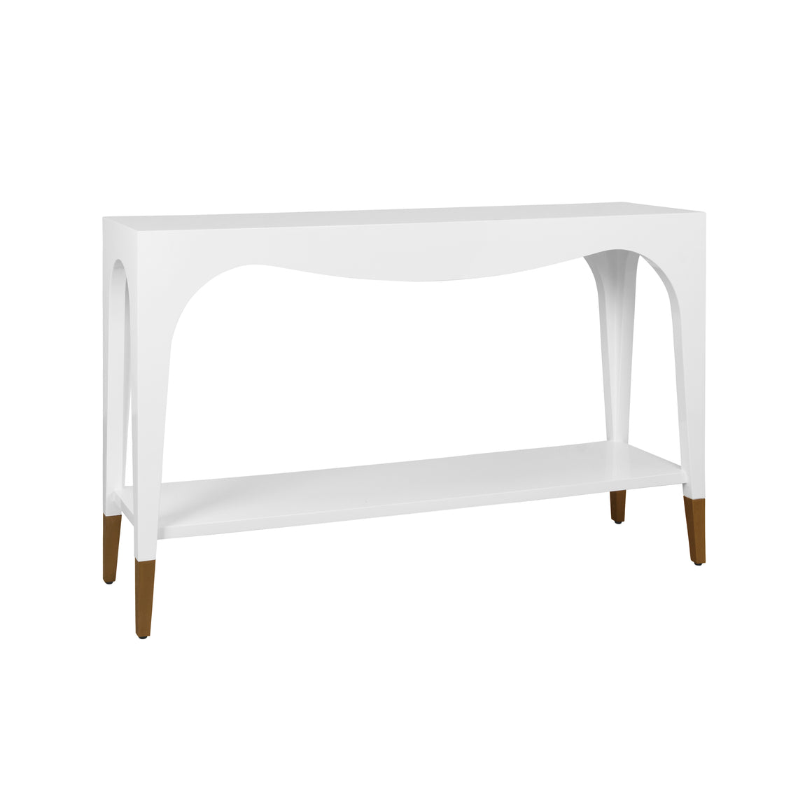 Laverne Two Tier Tapered Leg Console With Antique Brass Foot Caps In White Lacquer
