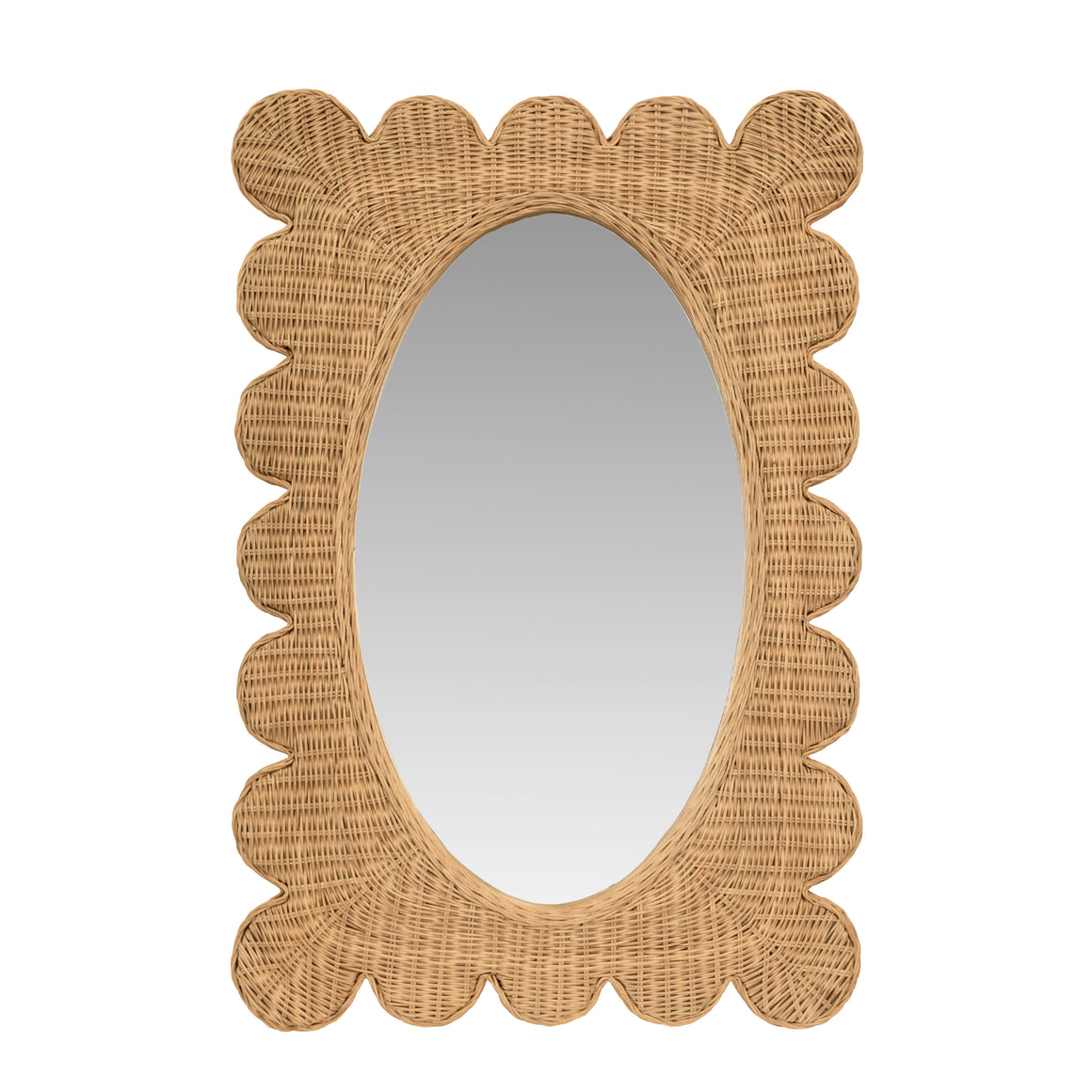 Lillian Scalloped Edge Rectangular Frame With Oval Mirror In Woven Rattan Painted Pink
