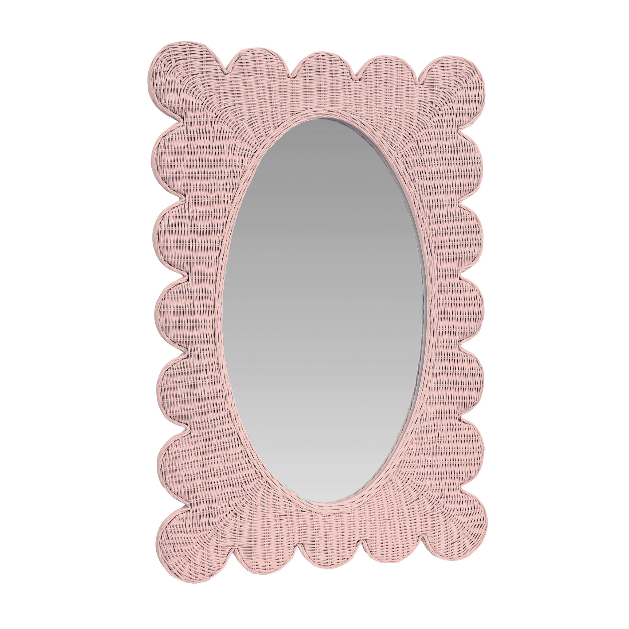 Lillian Scalloped Edge Rectangular Frame With Oval Mirror In Woven Rattan Painted Pink