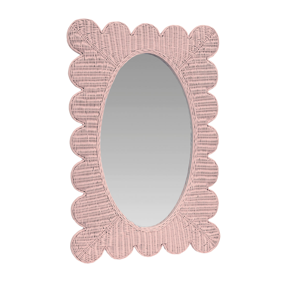 Lillian Scalloped Edge Rectangular Frame With Oval Mirror In Woven Rattan Painted Pink