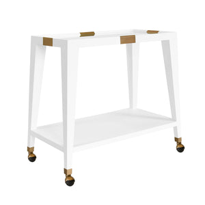 Linus Flared Bar Cart- Antique Brass Detail in White Textured Linen