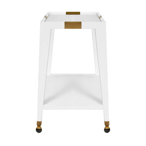 Linus Flared Bar Cart- Antique Brass Detail in White Textured Linen