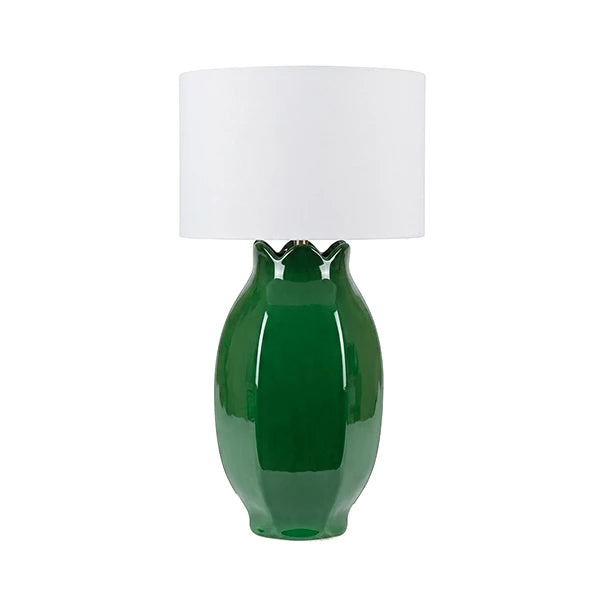 MAE Bud Inspired Ceramic Emerald Table Lamp With White Linen Drum Shade In White Glaze