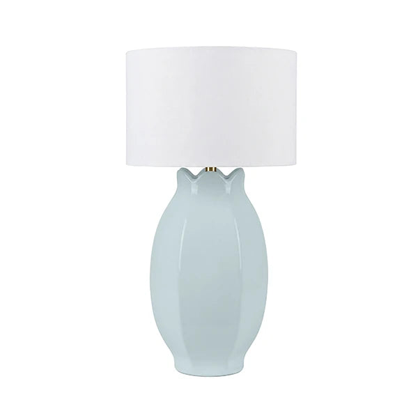 MAE Bud Inspired Ceramic Pale Blue  Table Lamp With White Linen Drum Shade