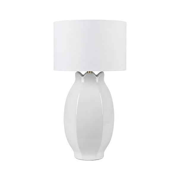 MAE Bud Inspired Ceramic Table Lamp With White Linen Drum Shade In White Glaze