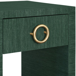 Malcolm Side Table with Antique Brass Circle Hardware in Dyed Green Grasscloth