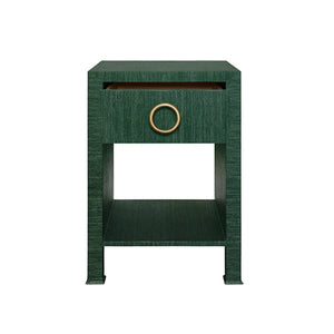 Malcolm Side Table with Antique Brass Circle Hardware in Dyed Green Grasscloth