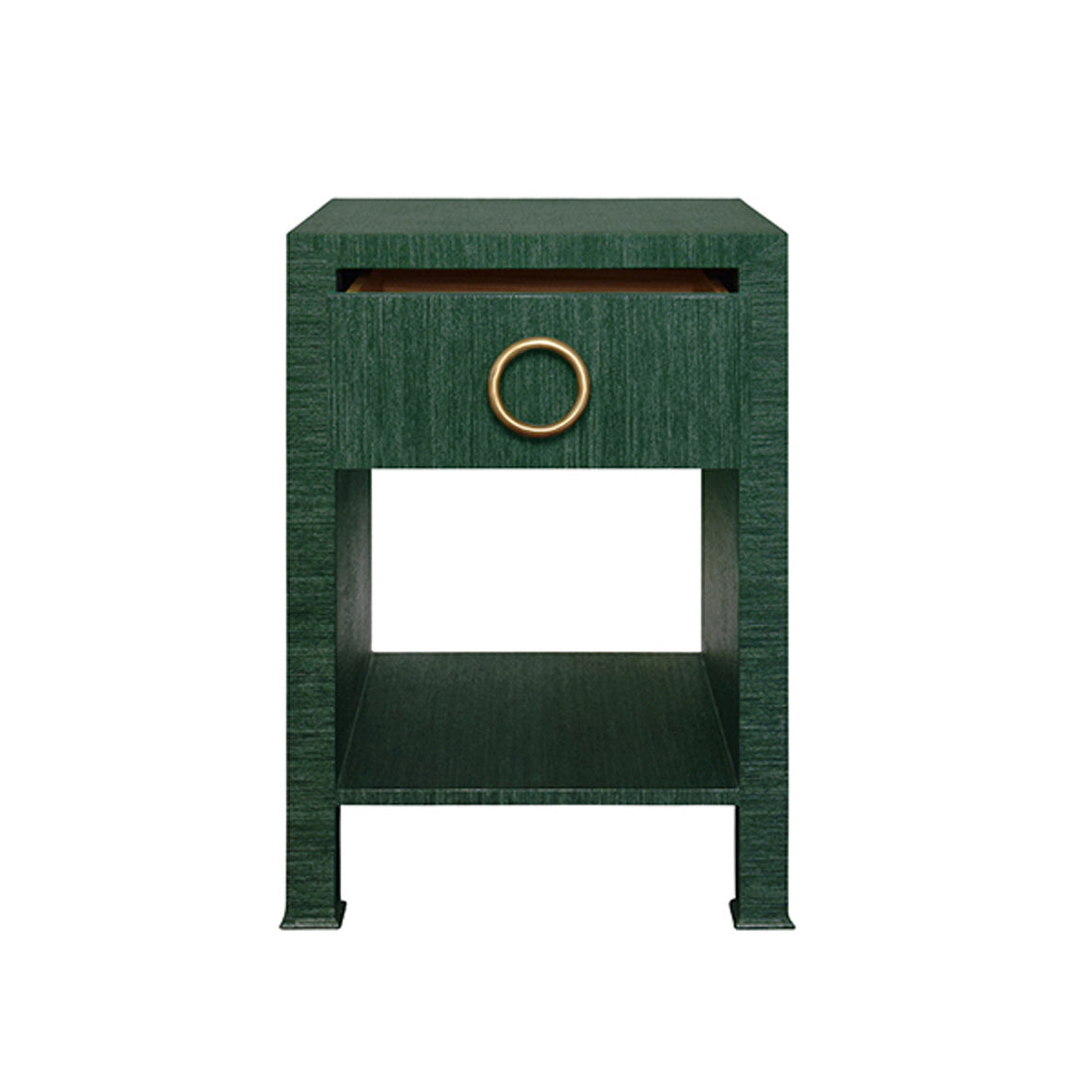 Malcolm Side Table with Antique Brass Circle Hardware in Dyed Green Grasscloth