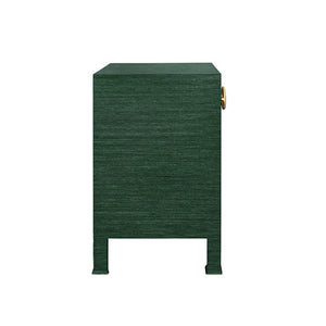 Malcolm Side Table with Antique Brass Circle Hardware in Dyed Green Grasscloth