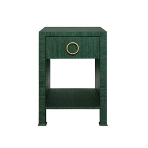 Malcolm Side Table with Antique Brass Circle Hardware in Dyed Green Grasscloth