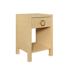 Malcolm Side Table with Antique Brass Circle Hardware in Natural Grasscloth