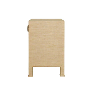 Malcolm Side Table with Antique Brass Circle Hardware in Natural Grasscloth